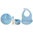 Kit Refeição Infantil 4 Peças Prato Divisórias Silicone Ventosa, Bowl, Colher Cabo Bambu e Babador Buba Azul