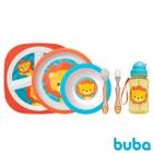 Kit Refeição Infantil 5 Peças Prato Divisórias Raso Bowl Talher e Garrafa Buba Animal Fun Leão