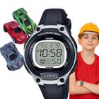 Kit Relógio Casio Infantil Masculino Meninos Digital Resistente Agua 50 Metros Redondo Pequeno Alarme Preto LW-203 + 3 Carrinhos