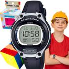 Kit Relógio Casio Infantil Masculino Meninos Digital Resistente Agua 50 Metros Redondo Pequeno Alarme Preto LW-203 + Cubo Magico