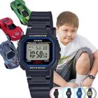 Kit Relógio de Pulso Casio Infantil Masculino Resistente Água Calendário Alarme Digital LA-20WHS + 3 Carrinhos Miniatura