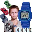 Kit Relógio de Pulso Casio Infantil Masculino Resistente Água Calendário Alarme Digital LA-20WHS + 3 Carrinhos Miniatura