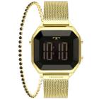 Kit Relógio de Pulso Technos Feminino Digital Led Quadrado Dourado Prova Dágua Luxo BJ3851AJ/K4P
