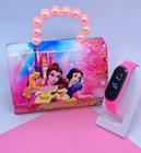 Kit Relógio Digital Bracelete Silicone Ajustável + Bolsa Bolsinha infantil Mini Bag Alça de Pérolas Disney Barbie Rosa