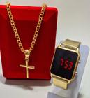 Kit Relógio Digital Led Quadrado Silicone + Colar Elos Português Cruz Crucifixo Folheado Ouro Moda Tendência Rose Dourado