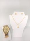 Kit Relógio Dourado Feminino + Colar + Brinco Presente Luxo