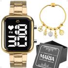 Kit Relógio Dourado Prata Digital Feminino Aço + Pulseira Pandroa Folheado - Orizom