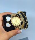 Kit Relógio Feminino Aço Inox Quartz Analógico redondo Luxo Dourado Rose Gold +Pulseira e Brincos + Caixa Presente