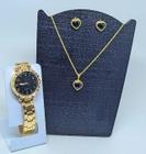 Kit Relógio Feminino Aço Inox Strass Pedras Zircônias Analógico Dourado Rose + Conjunto Colar e Brincos Folheado Ouro - LVO