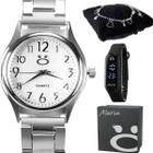 Kit Relógio Feminino Analógico Prata Aço Inox + Relógio Feminino Digital Bracelete + Pulseira + Caixa - Orizom Maria