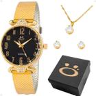 Kit Relógio Feminino Dourado Fundo Preto Pulseira Ajustável Colar Brincos Brilhantes Pedra Strass Delicado