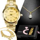 Kit Relógio Feminino Ouro Banhado 18k + Pulseira Berloque E Colar Casual