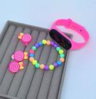 Kit Relógio Infantil Digital Led Esportivo Bracelete Prova água Criança Menina + Pulseira Miçangas + Brincos + Anel - LVO