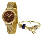 Kit Relogio Lince Feminino Lrgh123L Kx14 Dourado Marrom