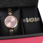 Kit Relogio Lince Feminino Pequeno Dourado Rosa Pedras Ky13