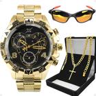 Kit Relógio Masculino Dourado Quartzo + Óculos + Cordão Banhado ouro 18k e Pingente Cruz - Orizom
