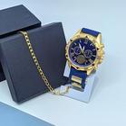 Kit Relógio Masculino Visor Grande Quartz Dourado Preto Emburrachado Silicone Ajustável + Pulseira Aço Inox +Caixa