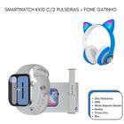 Kit Relógio Smartwatch Inteligente KX10 C/2 Pulseiras Android iOS Bluetooth Masculino E Feminino + Fone Gatinho