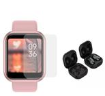 Kit Relogio Smartwatch Inteligente Y68 Pro Rosa + Fone S6 Bluetooth Preto Smart Bracelet