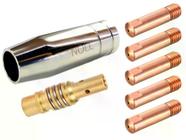 Kit Reposição para Tocha MIG 15ak: 1 Bocal 12mm Cromado + 1 Porta Bico / Difusor com Mola M6 + 5 Bicos de Contato 0,9mm