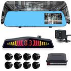 Kit Retrovisor C/ Tela + Câmera Ré + Sensor 8 Pontos Preto Fiat Grand Siena Buzzer Linhas Referência