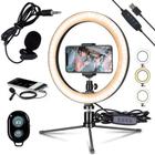 Kit Ring Light 26cm Com Suporte Celular + Microfone de Lapela Vídeo Aulas Blogueira Lives Luz Led