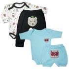 Kit Roupa Bebê 4 Peças Body Estampado Mijão e Short Bordado