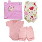 Kit Roupa de Bebê Body Short Toalha 4 Peças Enxoval Algodão