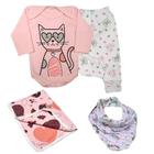 Kit Roupas de Bebê 4 Peças Body Longo Mijão Cueiro e Bandana