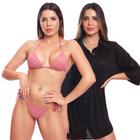 Kit Saída de Praia Chemise Camisão Feminino + Biquini Cortininha de Amarrar Canelado