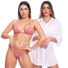 Kit Saída de Praia Chemise Camisão Feminino + Biquini Cortininha de Amarrar Canelado