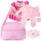 Kit Saida Maternidade com Bolsa Rosa e Conjunto de Roupa para Bebê