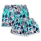 Kit Short Casal Praia Verão Folhas Branco Verde e Azul