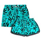 Kit Short Casal Praia Verão Folhas Verde Água e Preto