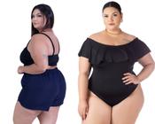 Kit Short Feminino Plus Size Saída De Praia + Body Babado Ciganinha Com fecho