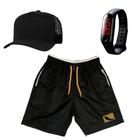 Kit Short Masculino Bermuda Praia Piscina Academia Tactel Premiun + Boné e Relógio Digital