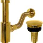 Kit Sifão Copo Dourado Metal 7/8 Pol Com Tubo Flexível Ajustável E Válvula Click 30mm Ralo De Pia Banheiro Lavatório Ralo Inox Cuba Lavabo