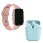 Kit SmartWatch Relógio Inteligente W34 Rosa + Inpods 12 Azul Sem Fio Presente Dia Dos Namorados