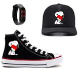 Kit Snoopy Tênis Relógio E Boné Novidade Exclusiva Feminino E Masculino