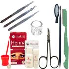 Kit Sobrancelha Makiaj Henna com Fixador Rena + Navalha E Tesoura + 3 pinças + Palito + dappen