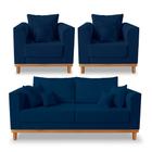 Kit Sofá 3 Lugares e 2 Poltronas Beny Viena Com Almofadas Decorativa Suede Azul - Madeira Prima Deccor