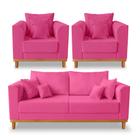 Kit Sofá 3 Lugares e 2 Poltronas Beny Viena Com Almofadas Decorativa Suede Pink - Madeira Prima Deccor