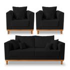 Kit Sofá 3 Lugares e 2 Poltronas Beny Viena Com Almofadas Decorativa Suede Preto - Madeira Prima Deccor