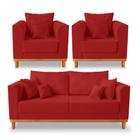 Kit Sofá 3 Lugares e 2 Poltronas Beny Viena Com Almofadas Decorativa Suede Vermelho - Madeira Prima Deccor