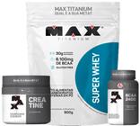 Kit super whey 900g + creatina + bcaa max titanium morango