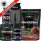 Kit Suplemento Whey 100% HD REFIL Gourmet 900g + Creatina Turbo 300g + Termogênico Thermo Flame + Bcaa 2400 + Coqueteleira Shaker - Black Skull