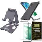 Kit Suporte Mesa Smartphone Capinha Antishock + Película Vidro 3D Hrebos Chumbo HS-373