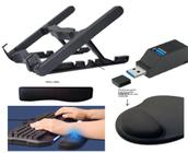 Kit Suporte P/ Notebook, Mousepad e Apoio P/ Teclado Preto Liso + Hub Usb 3 Portas