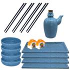 Kit Sushi Comida Japonesa Porcelana 4 Pessoas Azul Mesclado 9 peças + Hashi Molheira 110mL