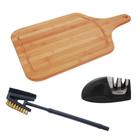 Kit Tabua para Cortar Carne 50 X 30cm + Escova Limpa Grelha + Afiador de Faca